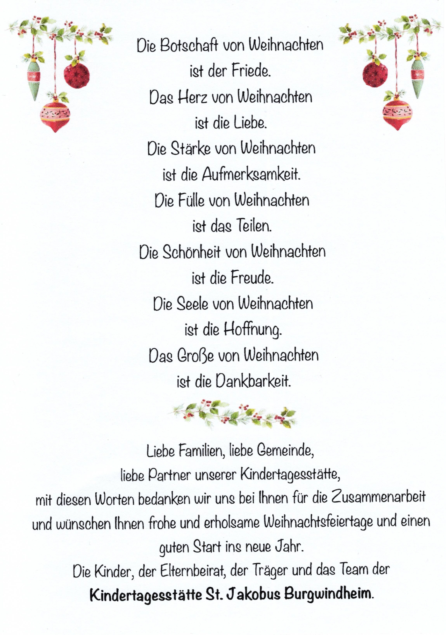 Weihnachtsbrief der Kita St. Jakobus Burgwindheim